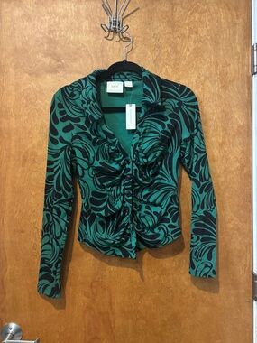 Maeve Green & Black Swirl Ruffle-Front Long Sleeve Ruched Shirt